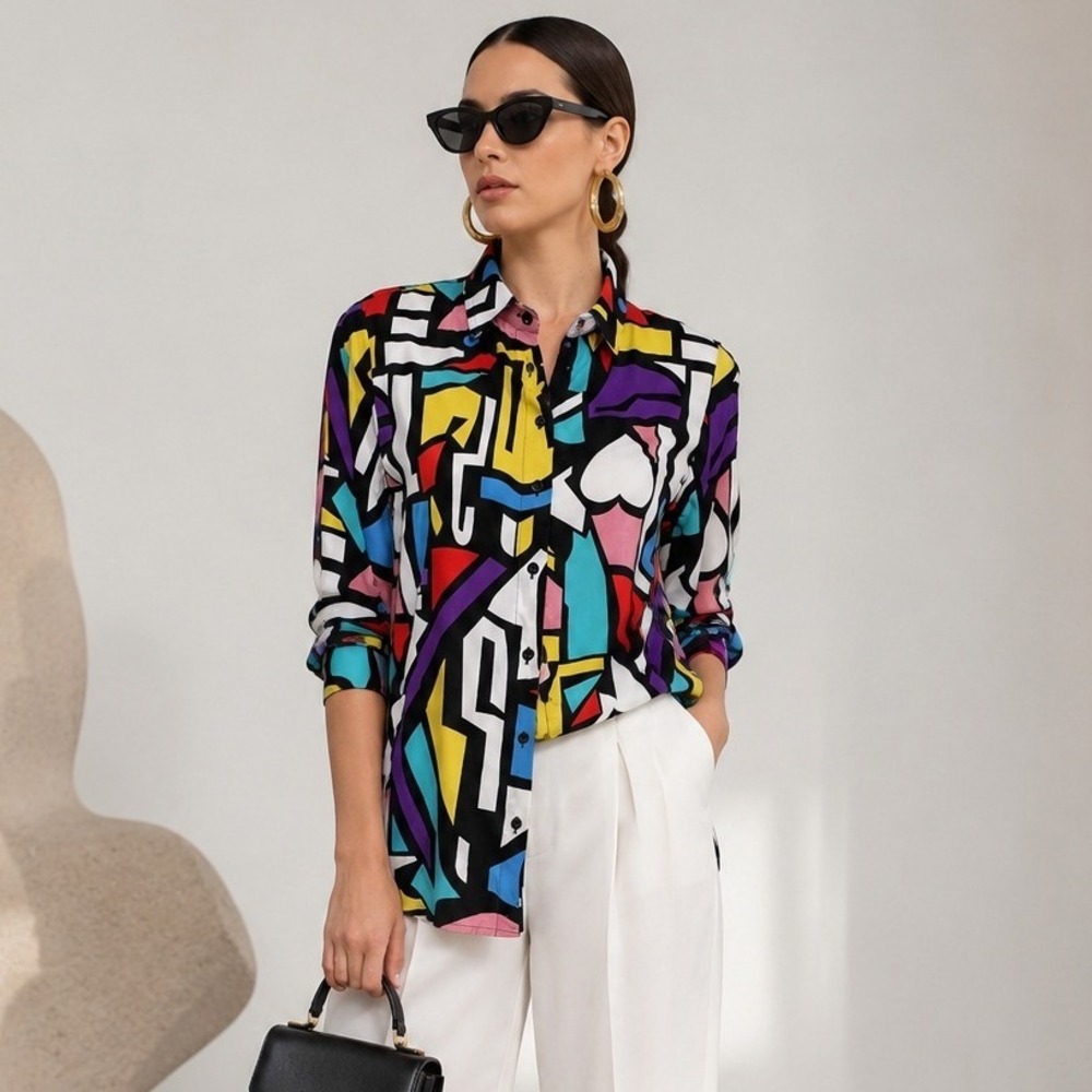 Vibrant Geometric Print Shirt Long Sleeve Abstract Art Blouse Top Small
